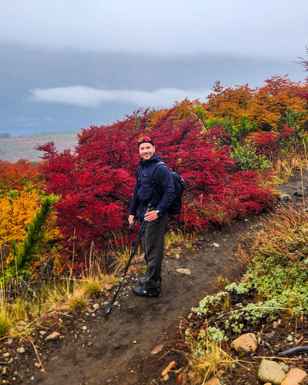 Trekking en el bosque en otoño